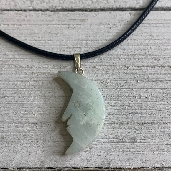 Amazonite Moon Face Pendant Necklace Carved Gemstone Crescent Moon Cord Chain - Picture 1 of 7